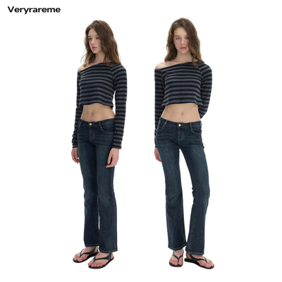 Veryrareme 斜肩棉条纹斜肩短款露脐上衣