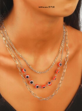 Koz项链 Evil Eye恶魔之眼吊坠多层项链 蓝眼睛三层金属毛衣链