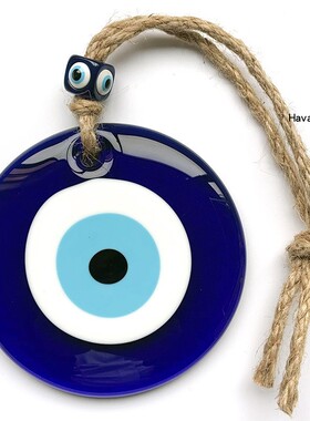 2条大号10/8cm土耳其蓝眼睛挂件 Evil Eye恶魔之眼玻璃麻绳壁挂