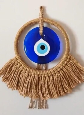 10cm圆圈土耳其蓝眼睛挂件 编织恶魔之眼Evil Eye麻绳民宿壁挂