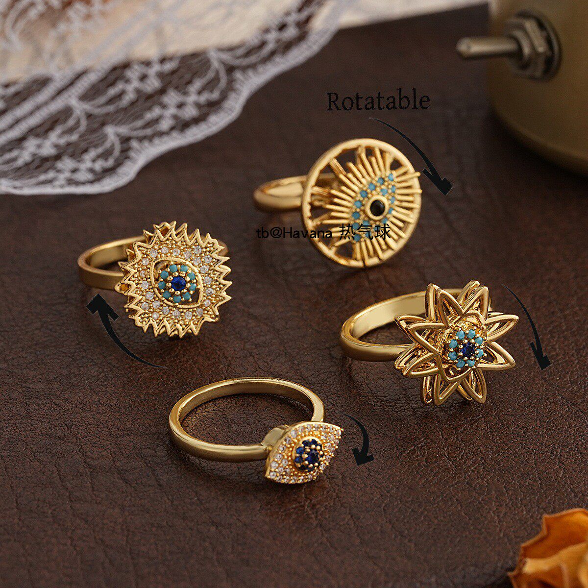360旋转恶魔之眼戒指 Evil Eye 蓝眼睛锆石开口指环戒子 Rings