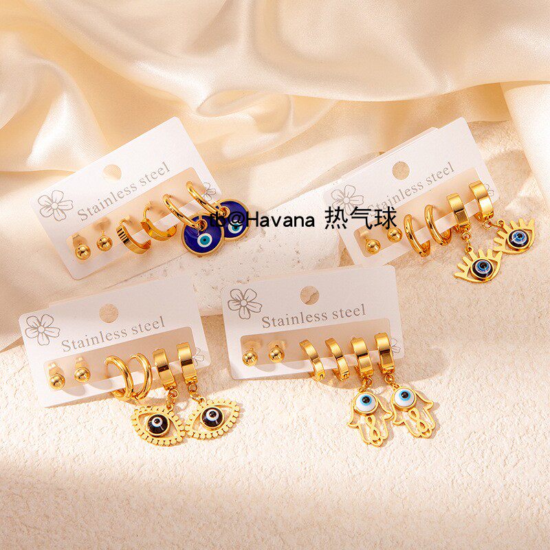恶魔之眼手掌耳环套装 Evil Eye 树脂滴油眼睛法蒂玛之手耳坠耳饰