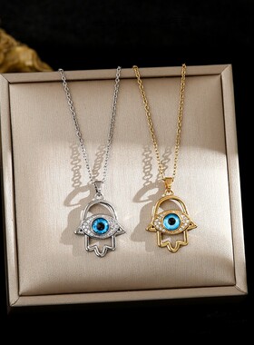 Evil Eye恶魔之眼吊坠项链 蓝眼睛法蒂玛之手锁骨链毛衣链