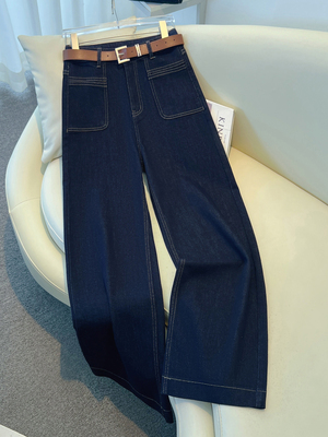 高端丹宁蓝牛仔阔腿裤女春秋季2025新款垂坠感窄版高腰显瘦直筒裤