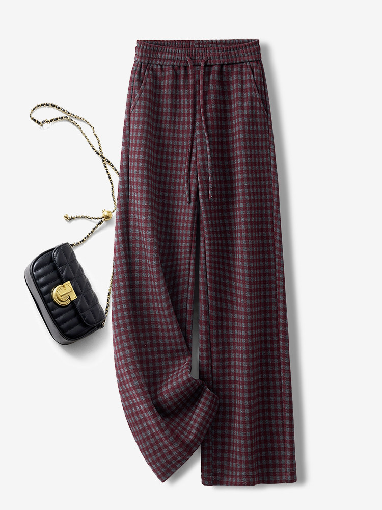 高级感安可拉红格子毛呢阔腿裤女秋冬2025新款慵懒松弛感直筒裤子