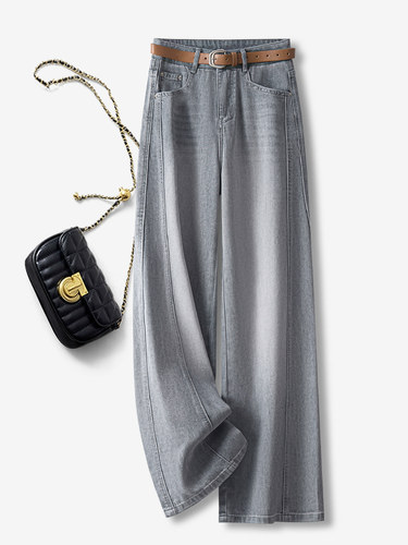 高级感灰色牛仔阔腿裤女夏季2025新款弯刀裤复古宽松慵懒风直筒裤