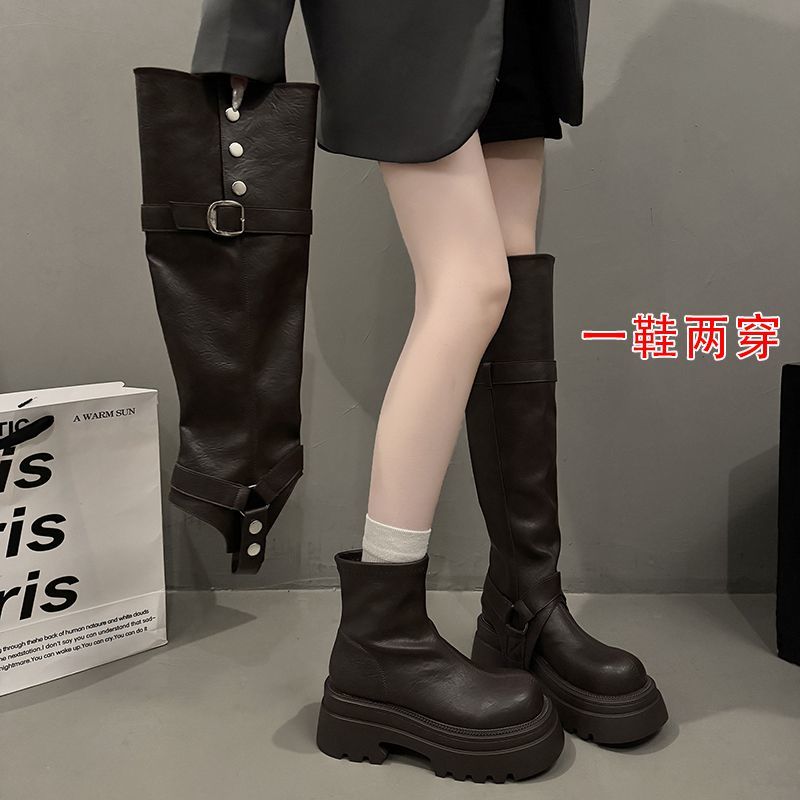 两穿加绒西部靴牛仔靴子女秋季新疆旅游长筒靴骑士靴厚底马丁靴