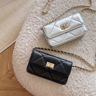 小香风银色小方包女高级感手机包迷你小包真皮单肩斜挎菱格链条包