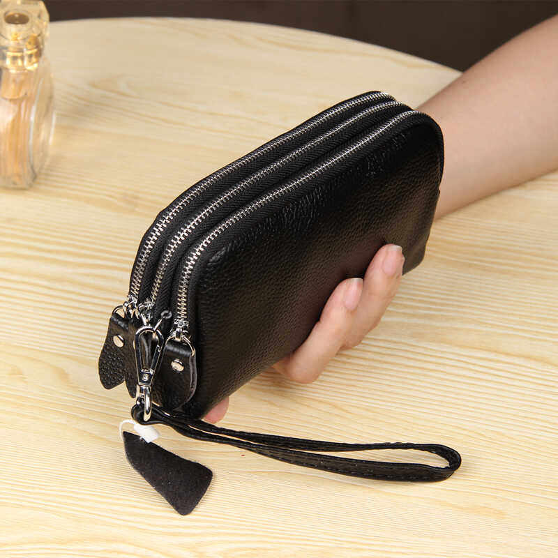 牛皮质感女士手拿包三层拉链大容量长款钱包软皮多功能手机零钱包