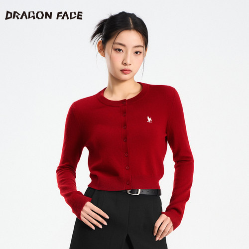 【何超莲林允同款100%山羊绒】龙脸DRAGON FACE山羊绒圆领开衫红