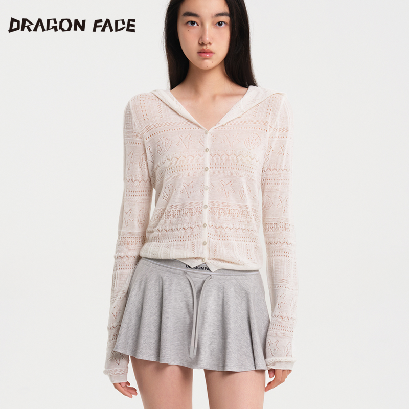 【何超莲同款】龙脸DRAGONFACE 透肤钩花连帽系扣衫绵羊毛100%