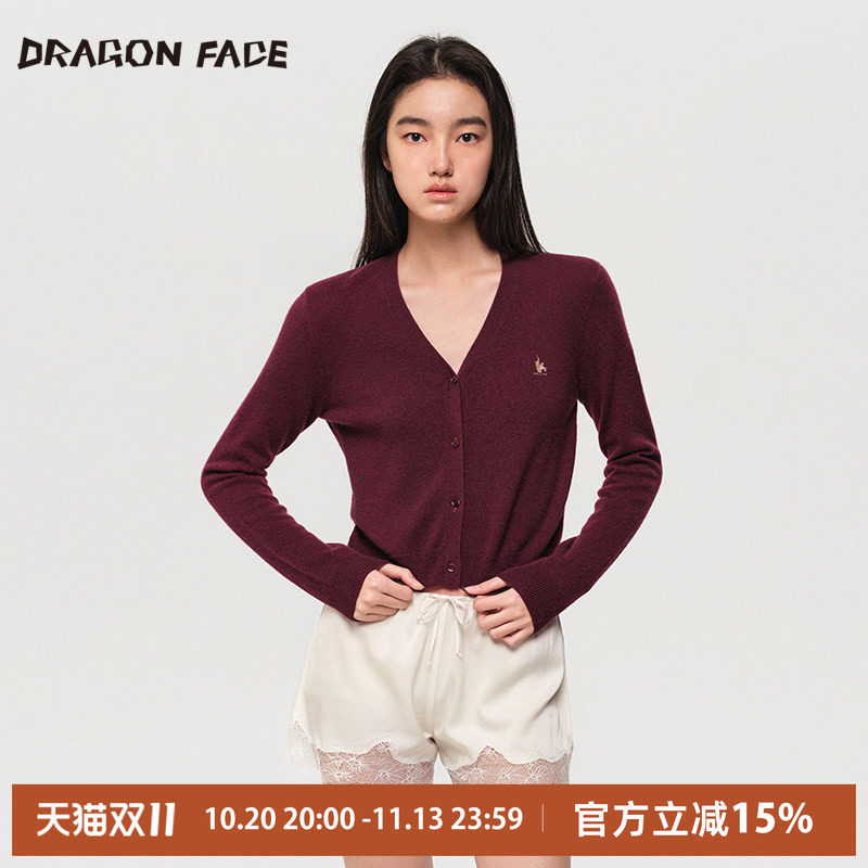 【明星同款】DRAGON FACE V领羊绒开衫 100%山羊绒羊绒衫红品