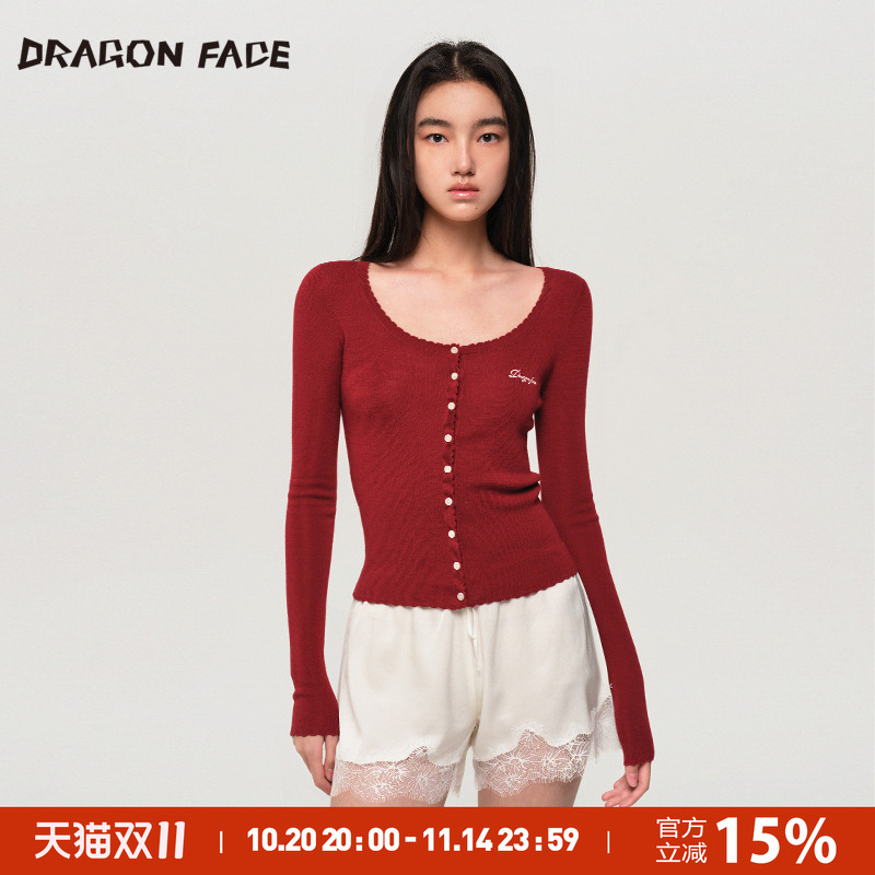 【明星同款】龙脸 DRAGON FACE 花边薄开衫100%绵羊毛针织衫红品