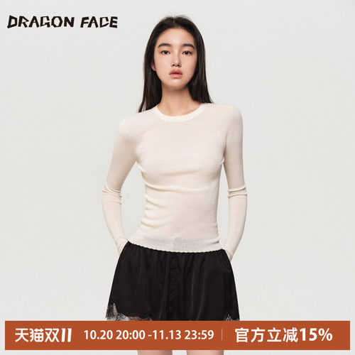 【明星同款】龙脸DRAGON FACE 花边圆领薄打底衫100%绵羊毛针织衫