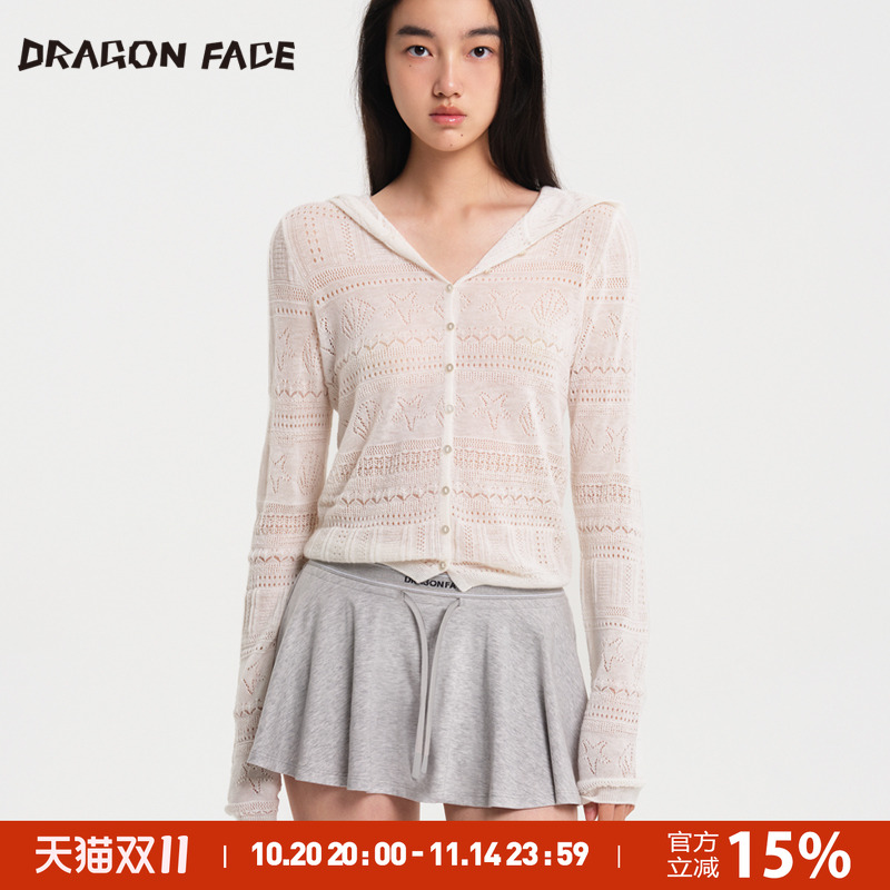【何超莲同款】龙脸DRAGONFACE 透肤钩花连帽系扣衫绵羊毛100%
