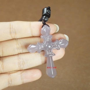 和田玉冰底烟紫色十字架挂件吊坠男女款毛衣链