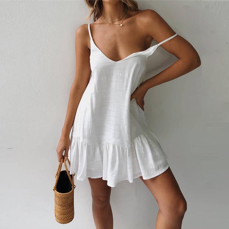 Women Ruffle Sexy Party Sundress Cotton Linen露背女洋装 - 实物图
