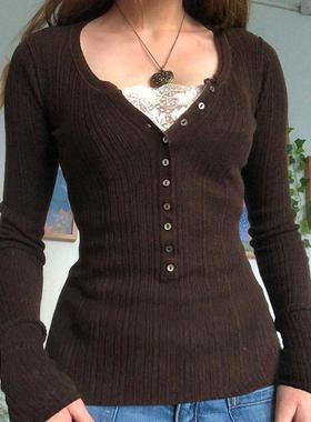 Y2k Lace Button T Shirt Fairycore Cute Retro Crop Top Contra