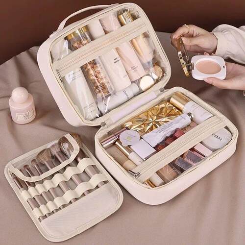 Makeup Bag PU Leather Double Layer Clear Cosmetic Bag Large