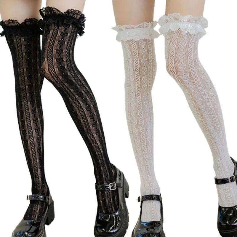 Women Lolita Fishnet Thigh High Socks Style Heart Striped La - 实物图