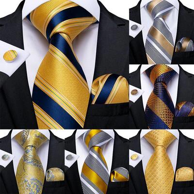 Fashion Men Tie Luxury Yellow Blue Striped Paisley Plaid Sil