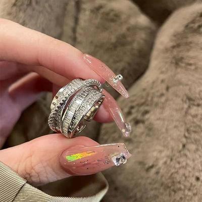 Silver Ring Female闪亮锆石戒指女时尚多层线条开口指环ins风