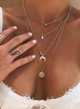 Women Layered Necklace Gold Beaded Horn Choker Chain Pendant