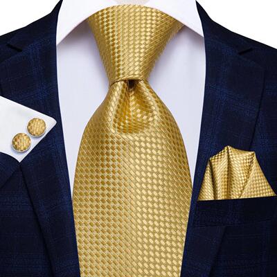 Hi-Tie Solid Gold Yellow Silk Ties For Men Handky Cufflinks