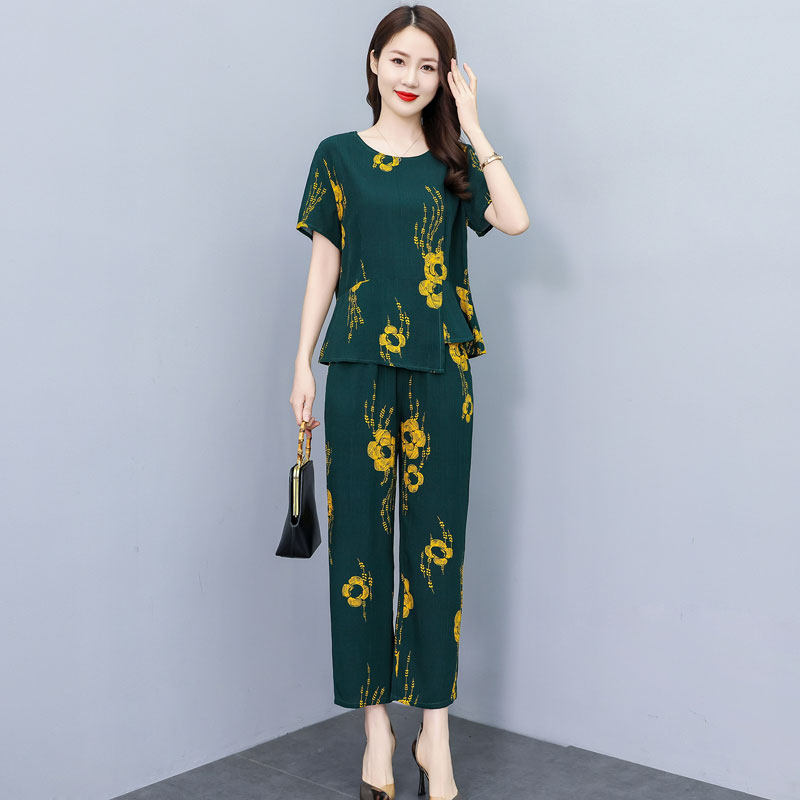 2026新款夏季棉绸套装中老年女装大码休闲妈妈装短袖九分裤两件套