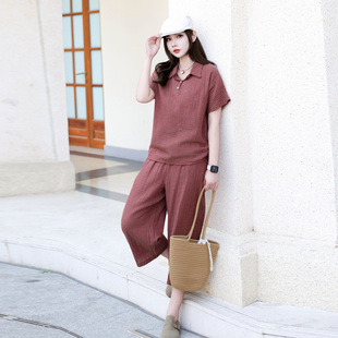 夏季 阔腿裤 条纹套装 遮肚子棉麻短袖 两件套 女中老年宽松大码 妈妈装