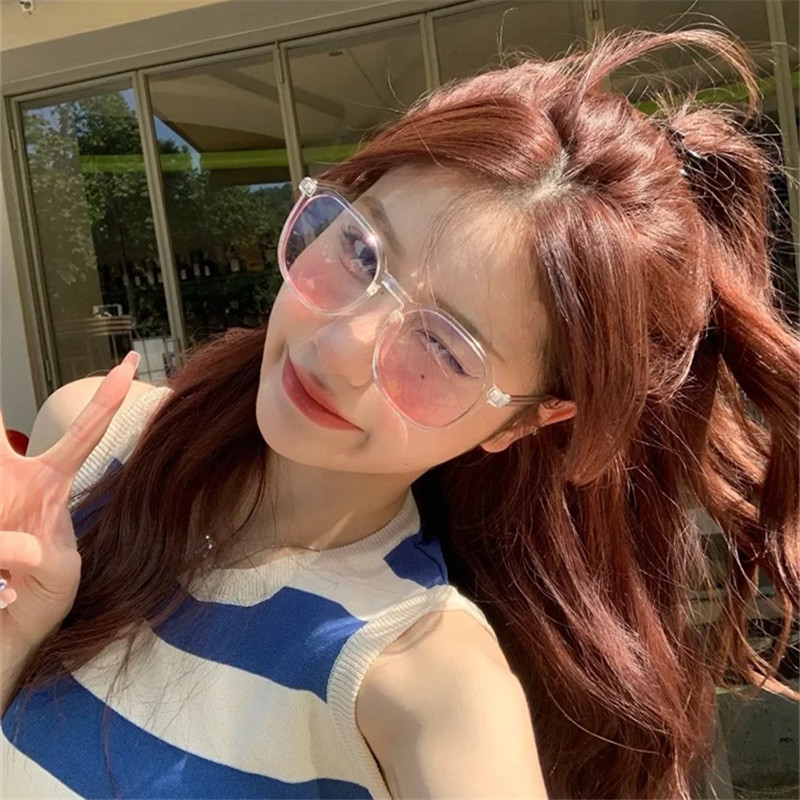 复古透明框渐变粉腮红眼镜网红小红书同款墨镜少女大框显瘦太阳镜