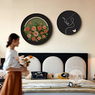 中古风卧室装饰画画高级感玫瑰主卧床头组合挂画画法式饭厅圆形壁