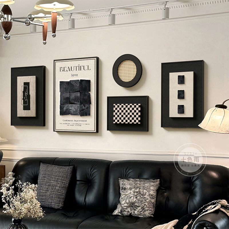 现代简约客厅装饰画 画法式高级黑白组合壁画 画意式极简沙发背景