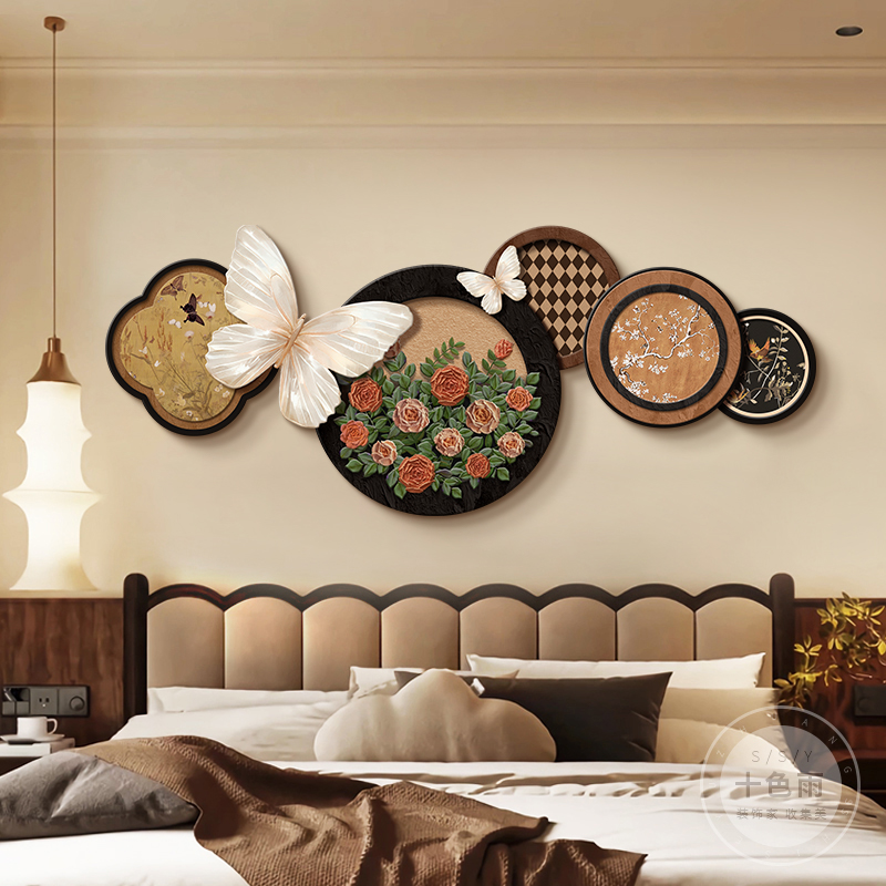 中古风玫瑰卧室装饰画 画法式覆古蝴蝶客厅挂画 画高级沙发背景墙