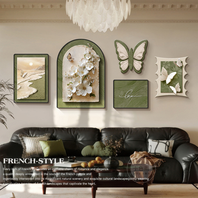 中古风客厅装饰画浮雕立体感花卉沙发背景墙挂画轻奢高级感组合画