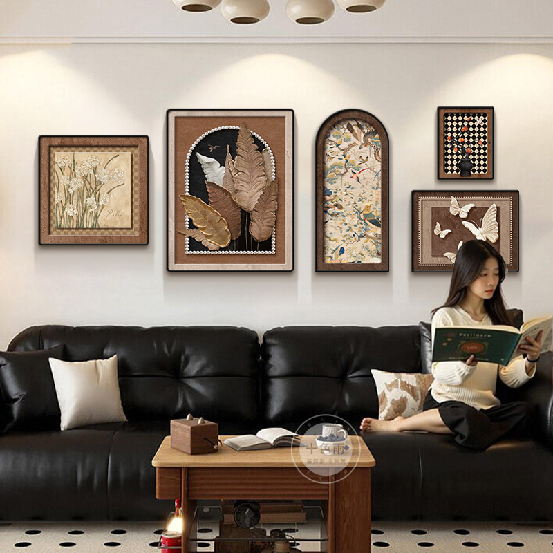 中古风客厅装饰画复古高级感沙发背景墙挂画家大业大床头组合壁画