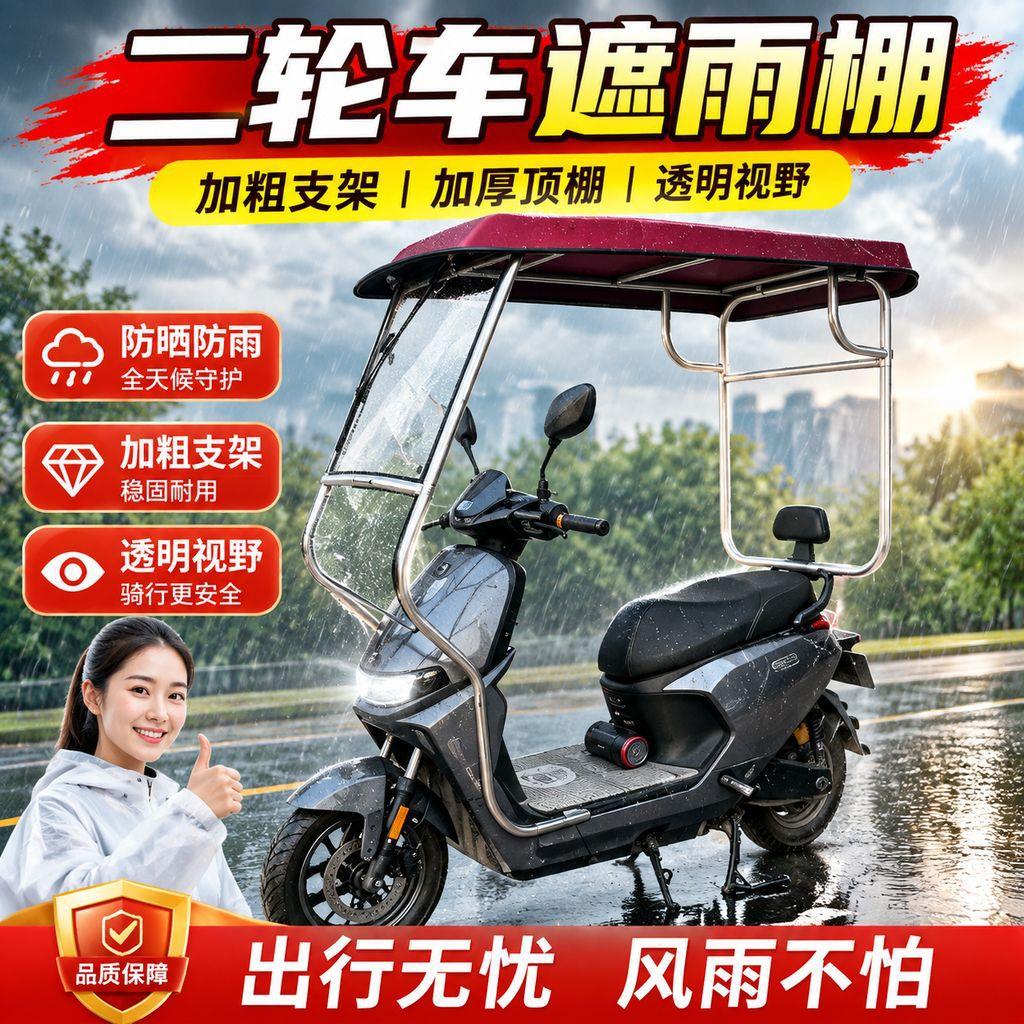 二轮车雨棚篷布雨伞新款摩托车黑胶遮阳伞踏板防晒防雨加长加厚