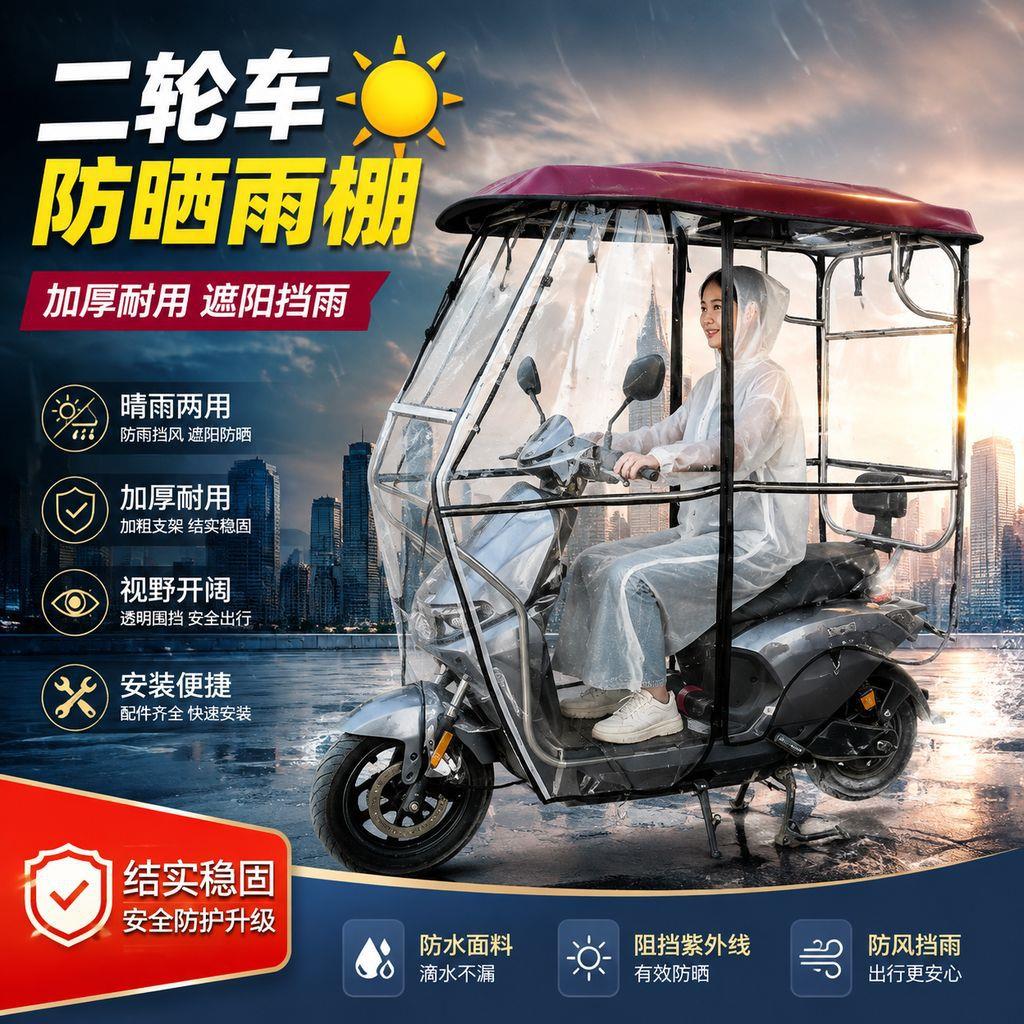 休闲二轮车雨棚遮阳挡雨电瓶摩托车黑胶伞新款雨棚篷防雨踏板防风