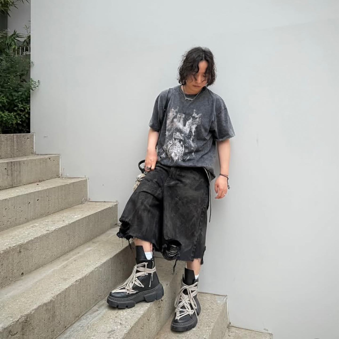 拆板制】PROJE风格25SS暗黑破洞不规则泥染重磅牛仔短裤 男女同款