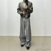 男通勤直筒阔腿休闲长裤 羊毛混纺麻纹斜门襟抽绳西裤 潮 春夏款 ATA