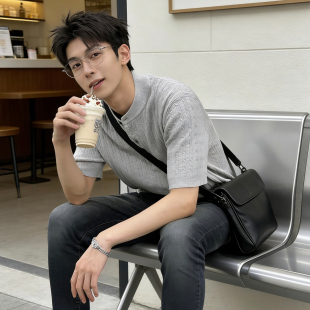 ATA亨利领针织短袖T恤男 春夏麻花纹美式正肩痞帅潮流帅气外套潮