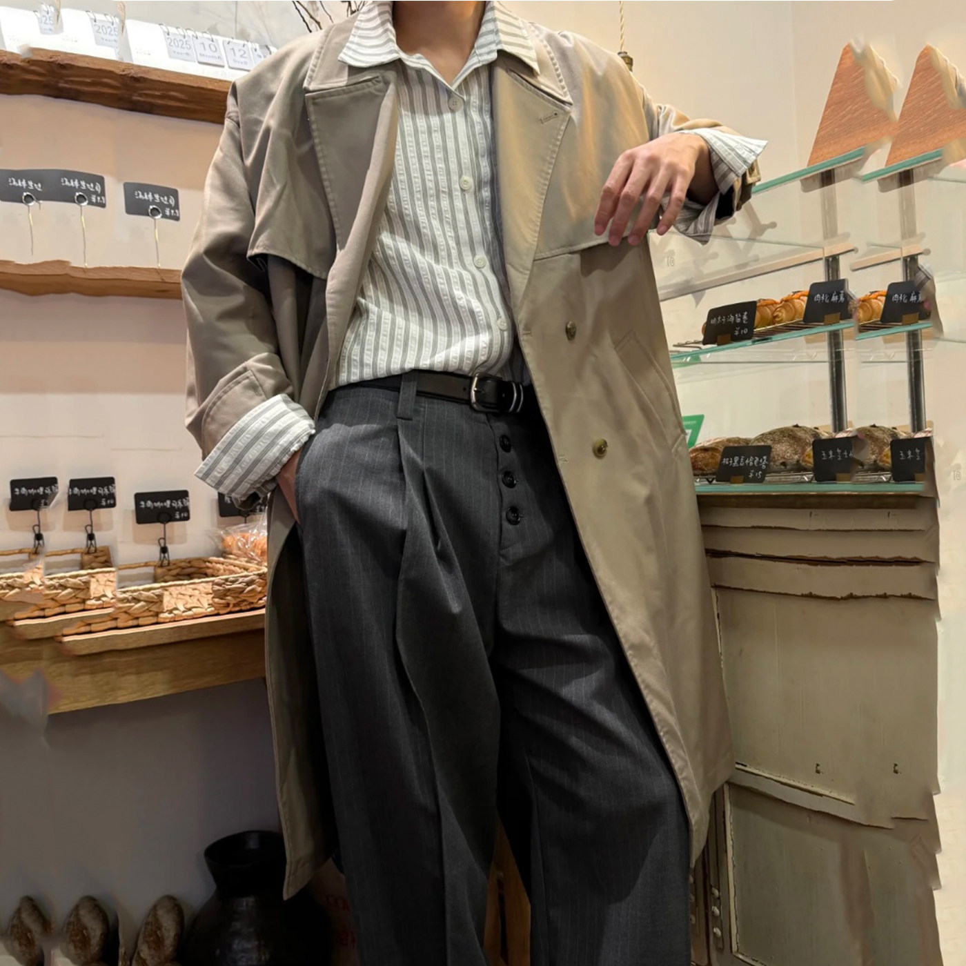 现货条纹排口西裤TR混纺垂感休闲裤cleanfit春秋直筒阔腿A字长裤