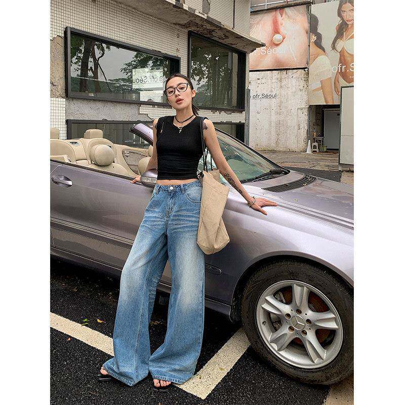 ROOZ【折痕擦色猫须】时尚水洗牛仔裤女宽松直筒拖地裤街头阔腿