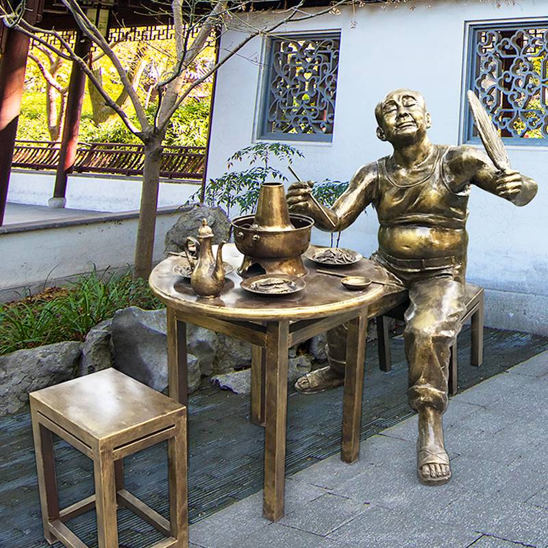 玻璃钢仿铸铜吃火锅迎宾定制雕塑民俗小品街道古镇建设步行街摆件