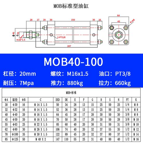 MOB可调轻型油缸MODA40*25/50/100/150/75/25-50拉杆式双出液压缸