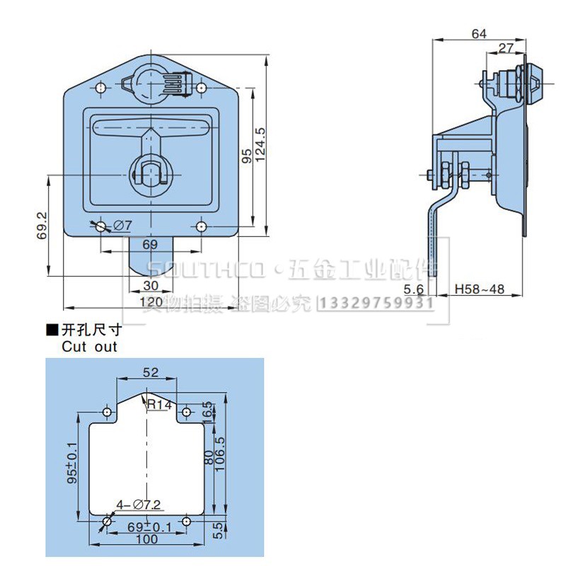 崁入式T型手柄门锁车体锁机械设备锁配电盘锁发电机及各种震动锁