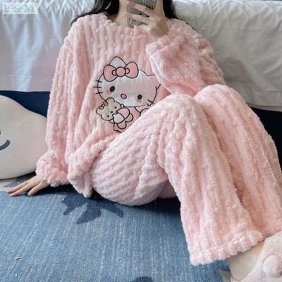 哈喽kitty睡衣女kt猫珊瑚绒新款加绒加厚保暖长袖套装2025年冬季