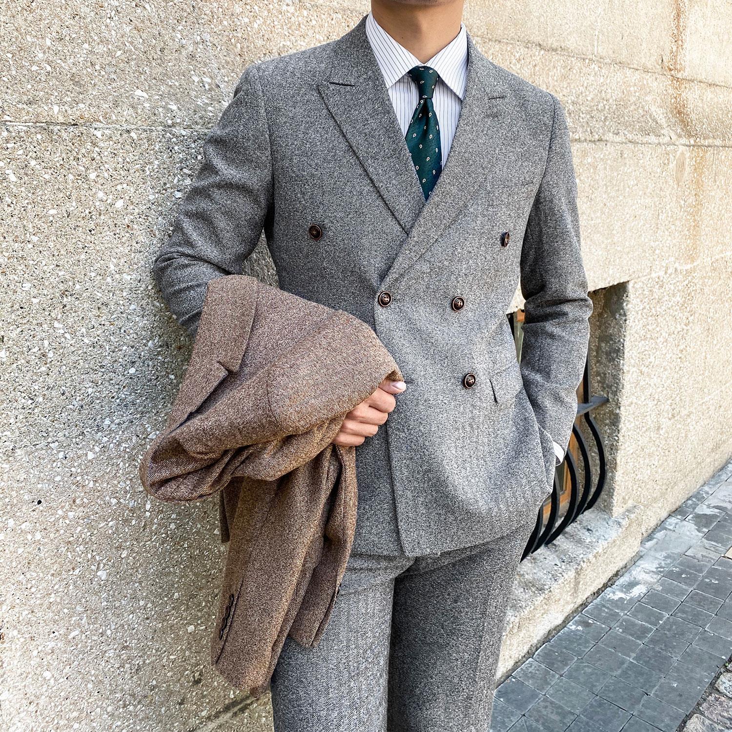 YOUSEKOO英伦风复古双排扣西服套装男正装气质休闲修身粗花呢宴会