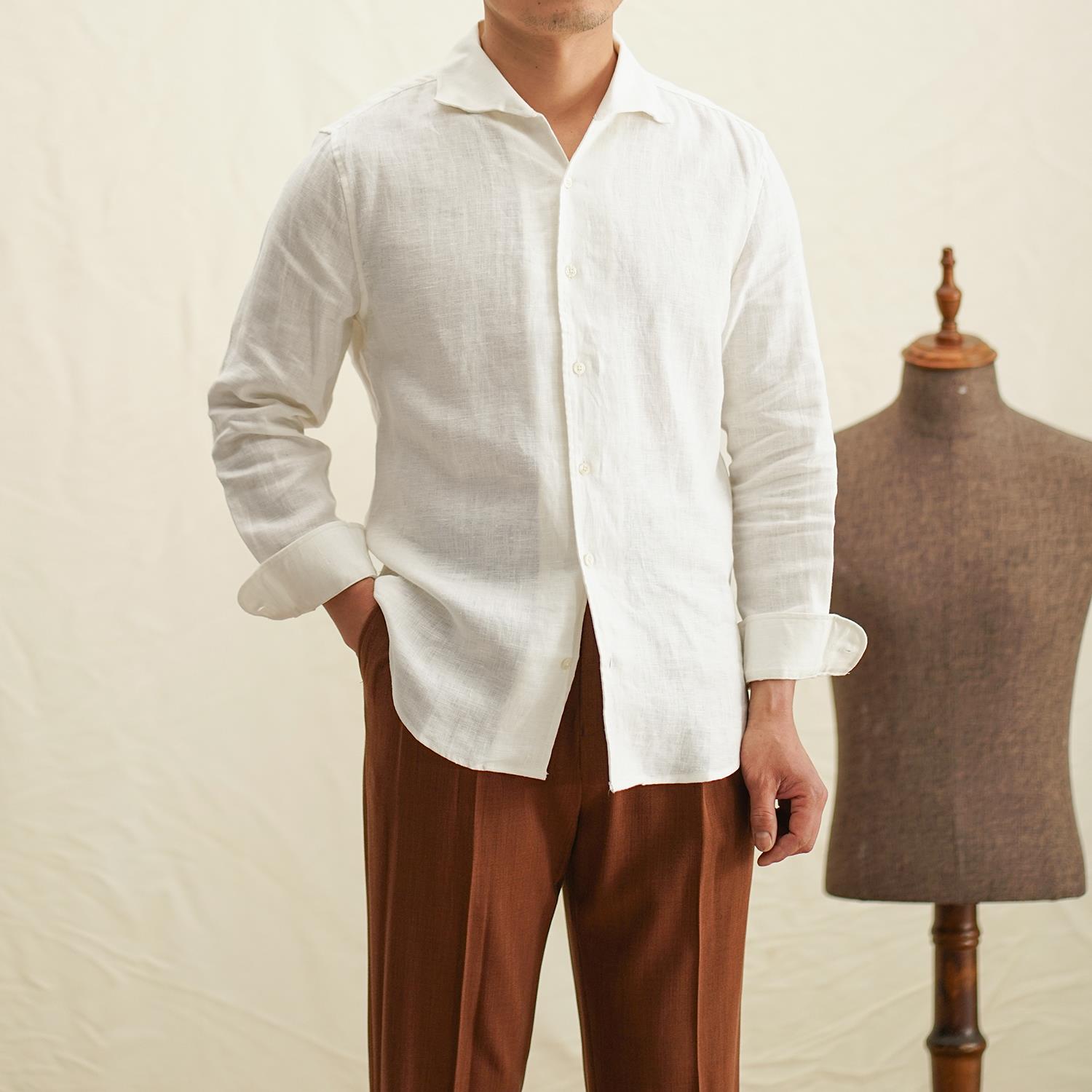 YOUSEKOO夏季轻薄透气一片领衬衫男士长袖休闲修身绅士雅痞100%亚