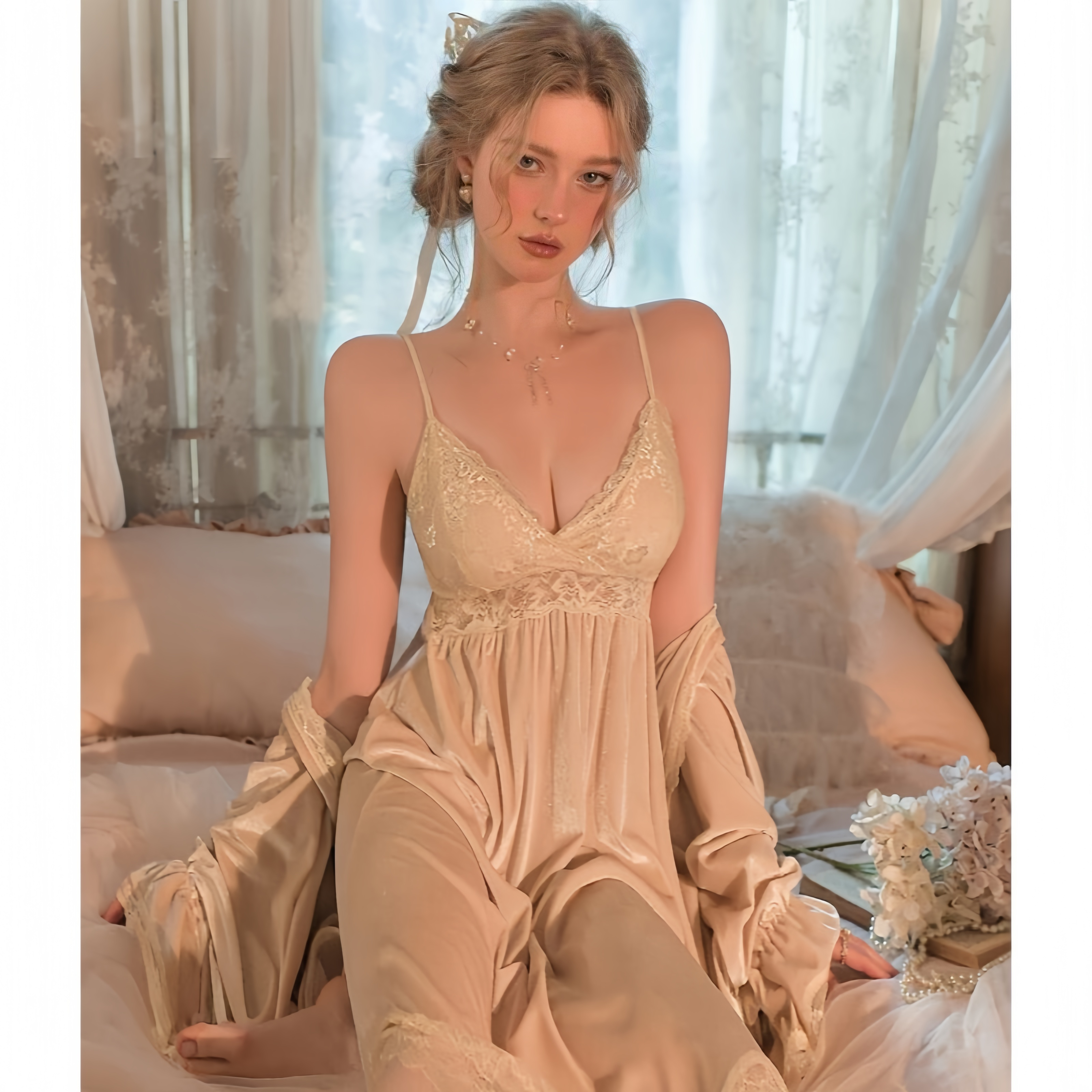 维多利亚金丝绒睡衣女2025新款性感吊带睡袍带胸垫睡裙秋冬季套装,女士内衣/男士内衣/家居服,睡袍/浴袍,淘宝优惠券,粉丝福利购,淘宝优惠卷